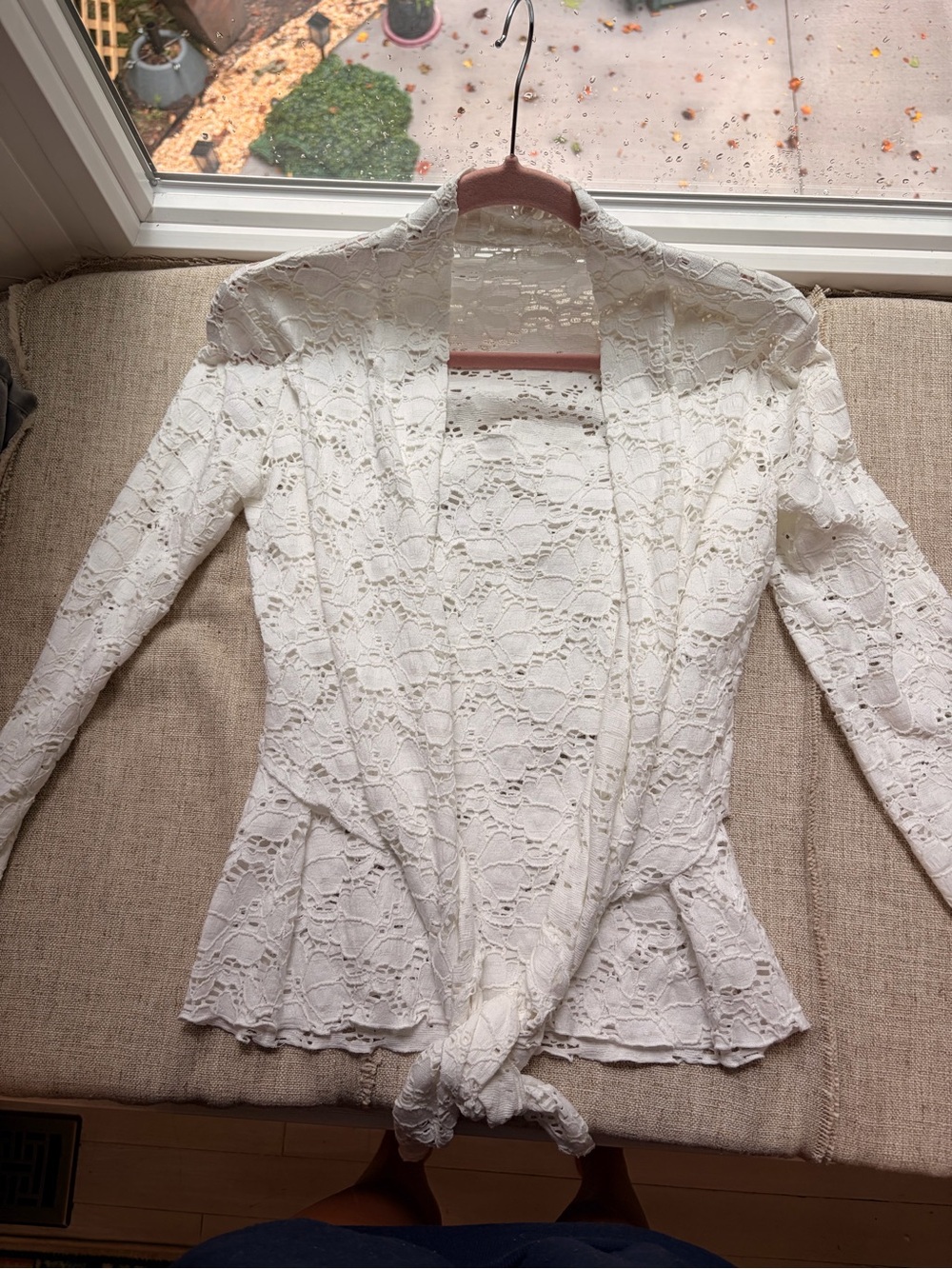 2 piece White Lace Tie-Front Long Sleeve Top with Lacey tank